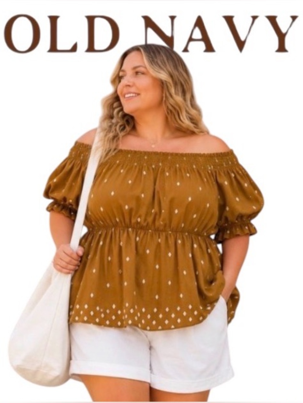4X Old Navy Babydoll Top in Ancient Gold with Flower Motif and Puffed Sleeves